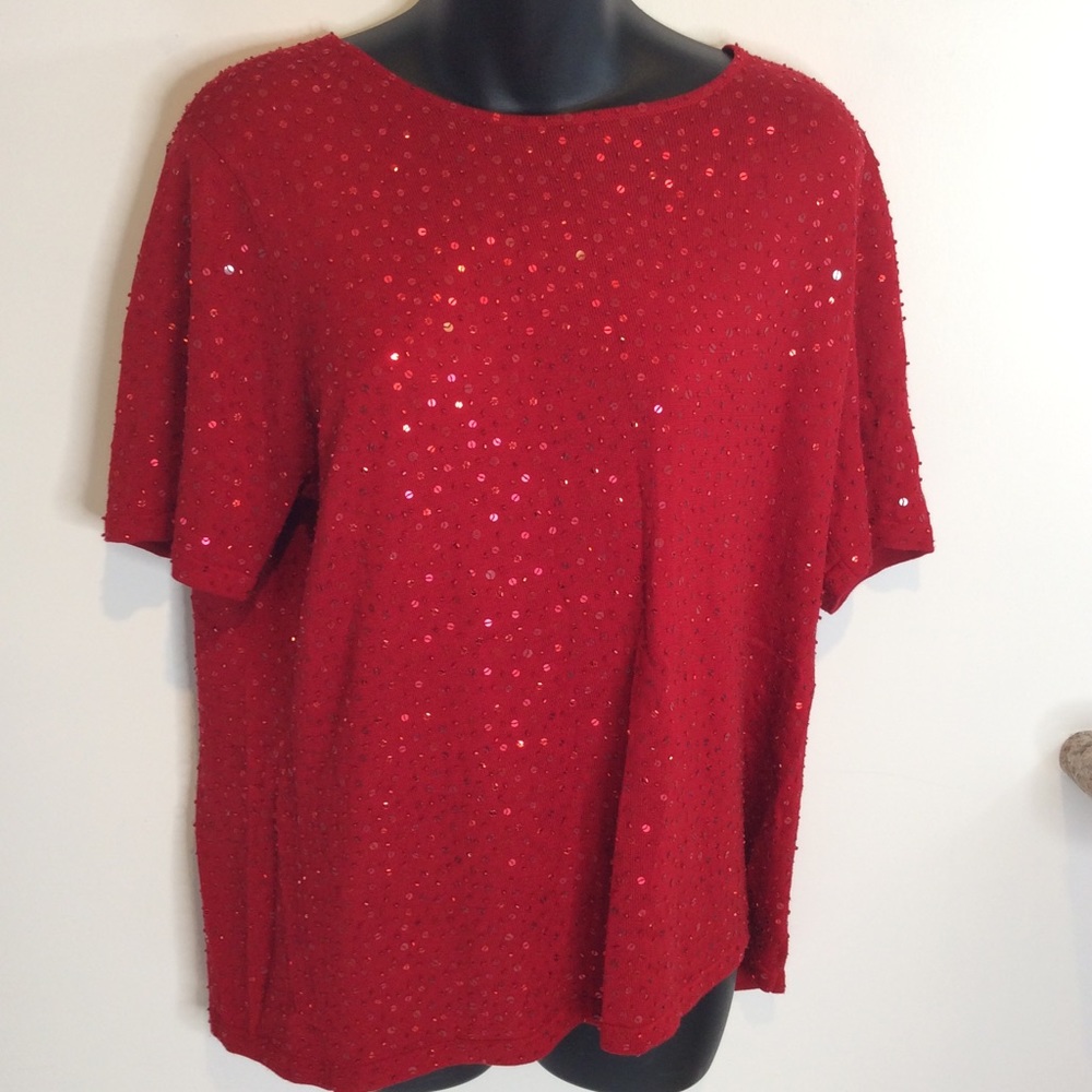 - Oscar De La Renta 100% Silk Sequin Blouse Top Red